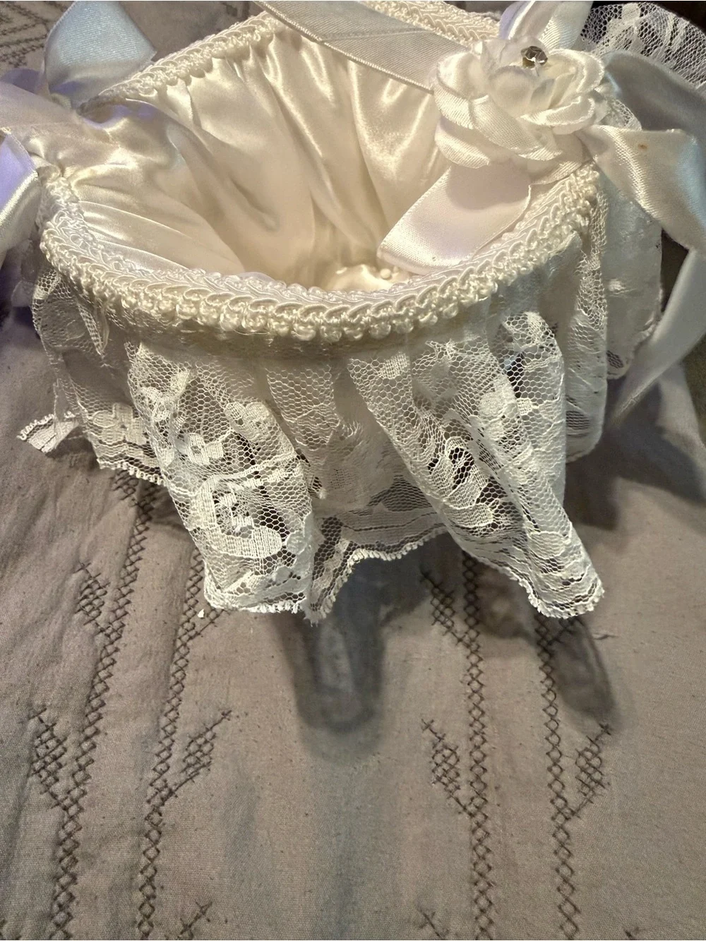 White Satin Flower Girl Basket